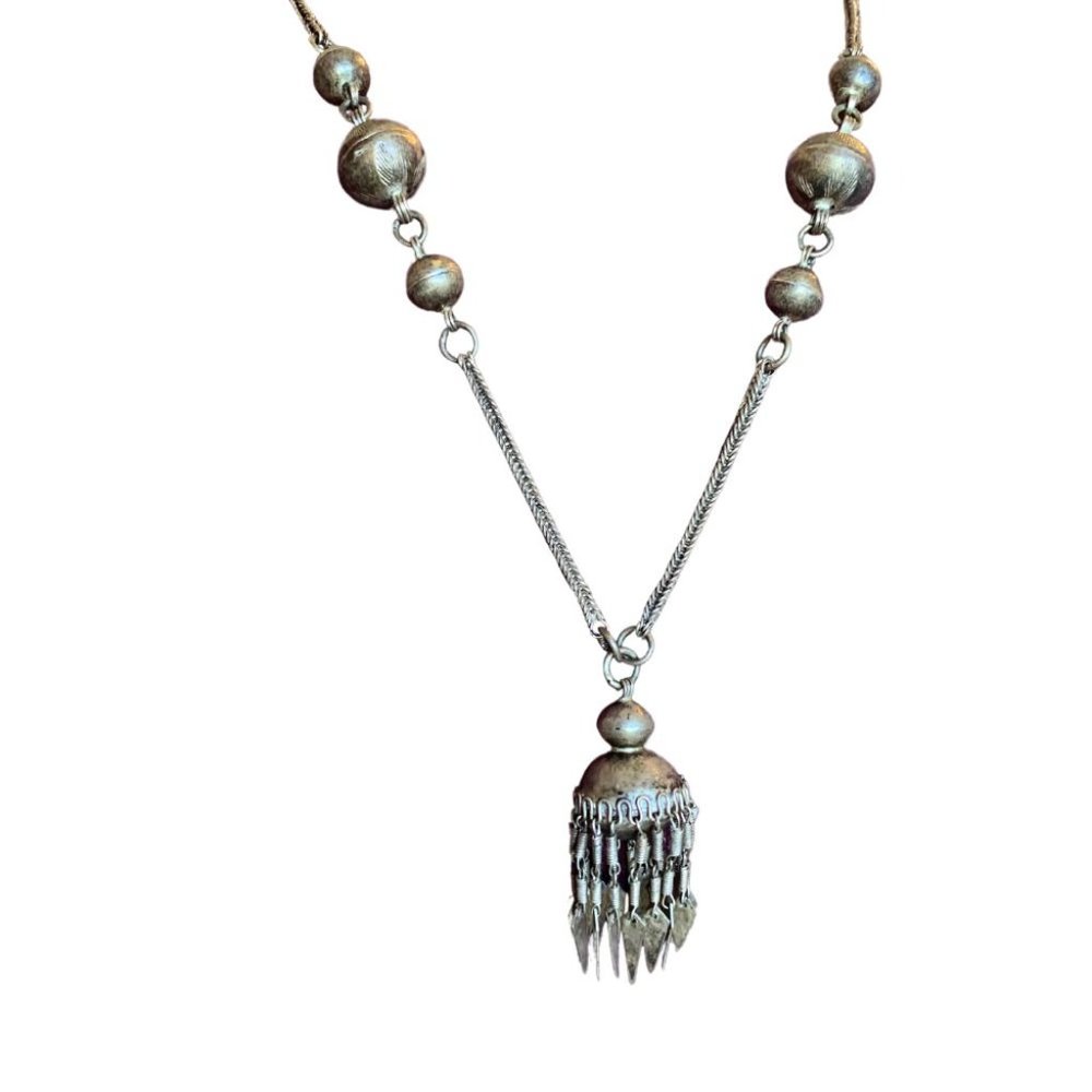 Exquisite 150 Year Old - 925 Silver Indian Tribal Necklace 33 1/2" - 2" Dangle